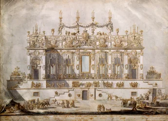 Tvärsnitt av ett ståtligt hus, ritning för Festa della Chinea, ritad av G. Palazzi (ca 1740-76), 1764 (penna, bläck och tvätt på papper)
